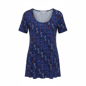 LuLaRoe Cruella De Vil Blue and Red Patterned Perfect Tee